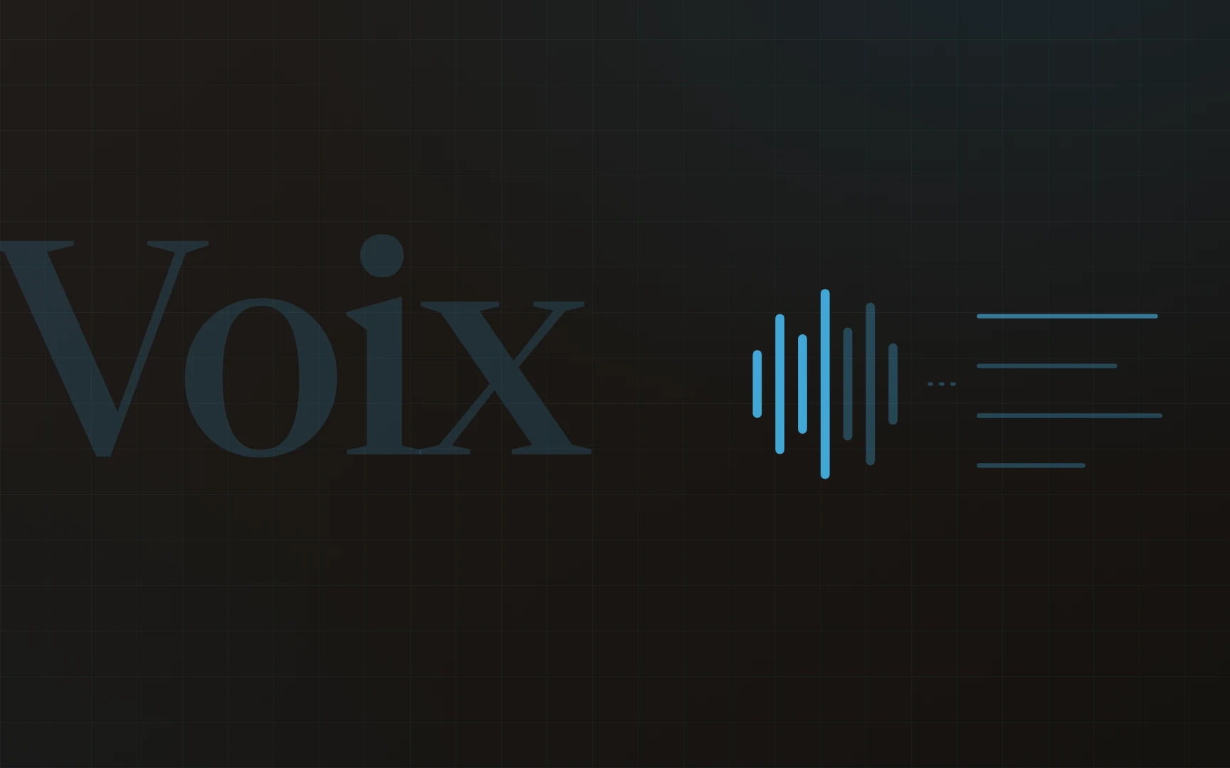 Couverture éditoriale du projet : mot-signature « Voix » en filigrane serif et motif line-art d’onde vocale devenant lignes de texte, encre cyan sur fond sombre.
