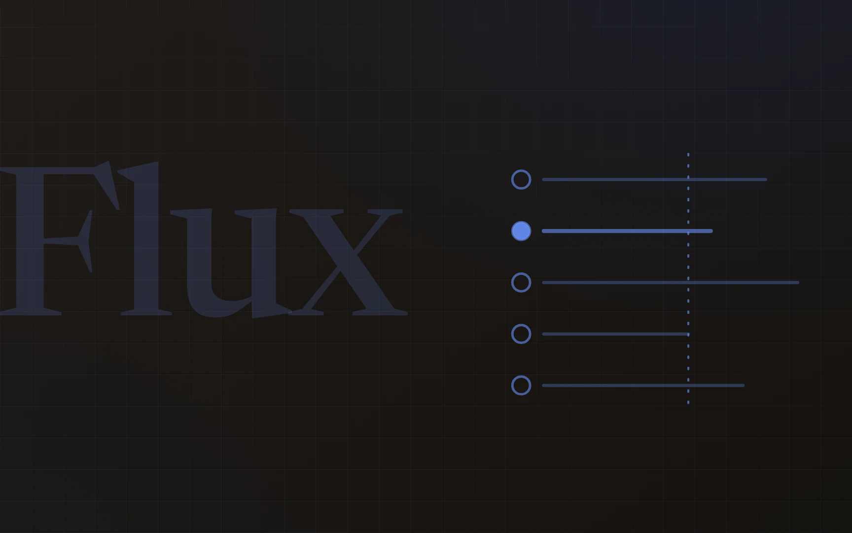Couverture éditoriale du projet : mot-signature « Flux » en filigrane serif et motif line-art de files d’attente à jetons, encre cobalt sur fond sombre.